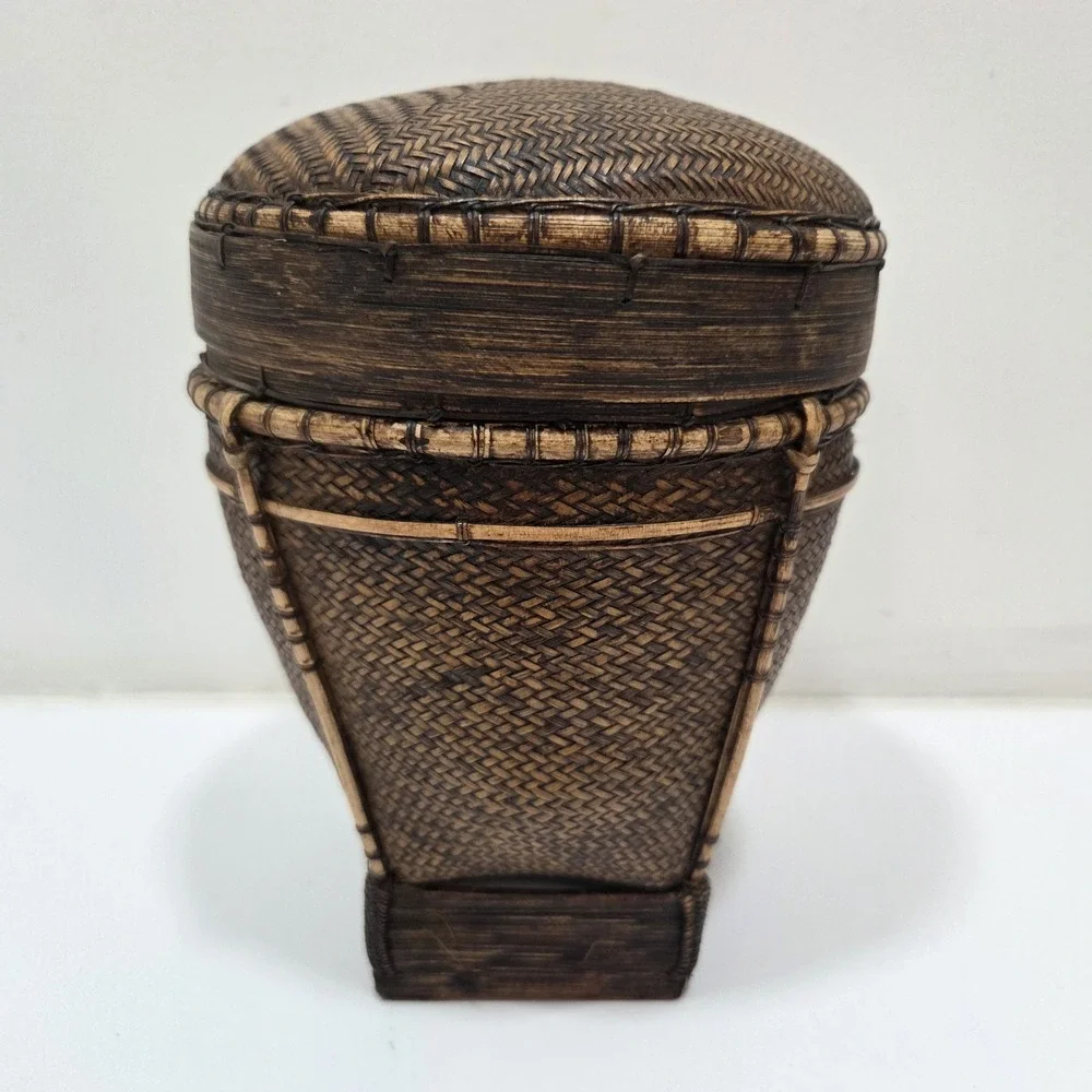 CHINESE ASIAN RICE BASKET Woven‎ Dark Wicker Bamboo Unique Design